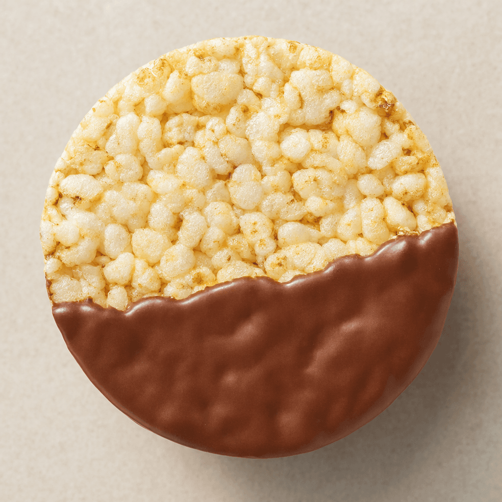 A round, pale golden rice cake with a bumpy surface of tightly packed puffed grains, partly coated in smooth brown chocolate.