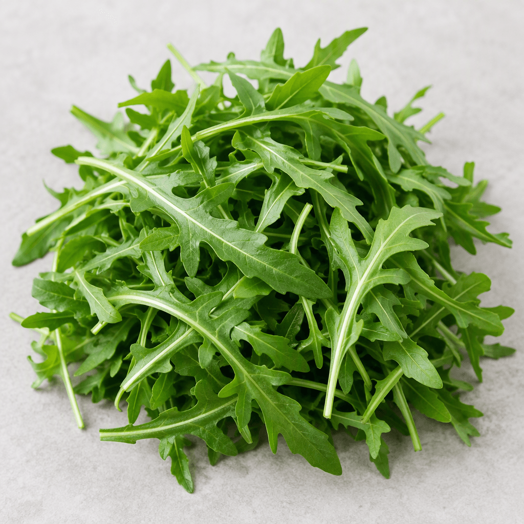 Slender, deeply lobed rocket leaves with jagged edges, vivid green colour, and thin pale stems, arranged in a loose fresh pile.