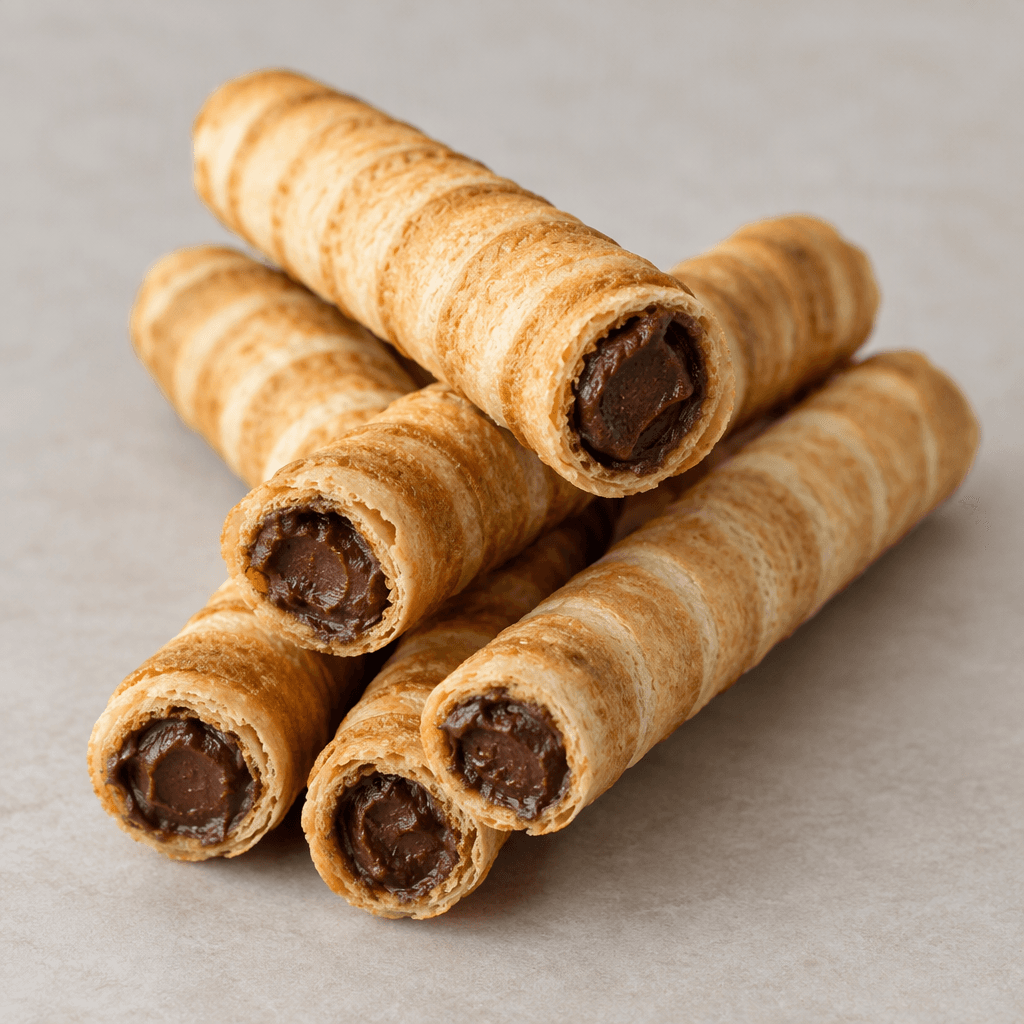 Slim, hollow cylindrical wafer rolls made from tightly spiralled golden-brown layers, with dark cocoa cream visible at the cut ends and several pieces arranged together.