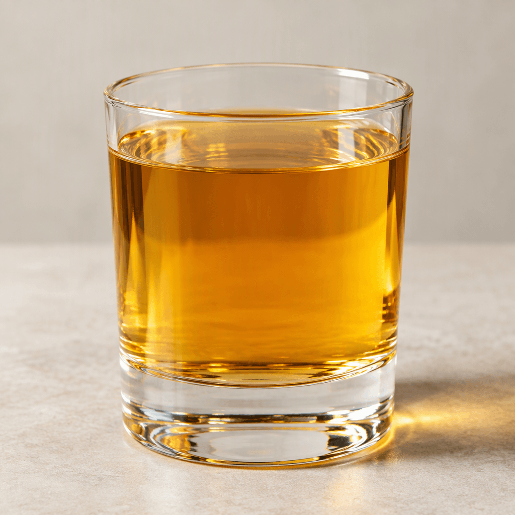 Transparent golden-amber liquid fills a short, clear glass, catching warm highlights.