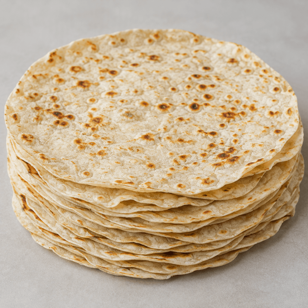 A stack of very thin, large round flatbreads with a pale beige surface, scattered toasted brown spots, slightly uneven edges, and a soft, flexible, layered appearance.