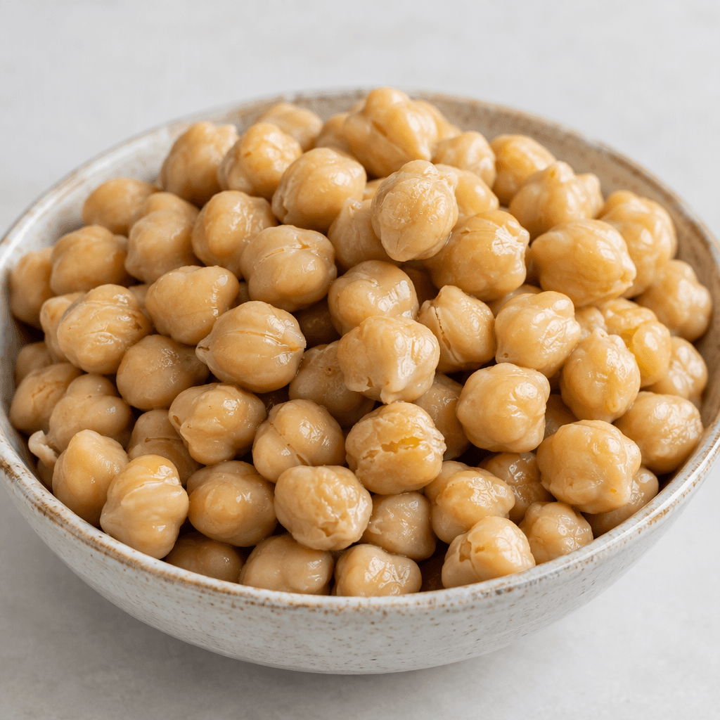 Plump, round beige chickpeas with slightly wrinkled skins are piled in a shallow serving bowl, their smooth, firm surfaces catching the light.