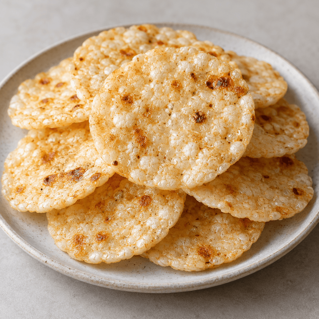 Thin, round, pale golden rice crackers with lightly bubbled, uneven surfaces and a few toasted brown spots are stacked loosely on a plate.