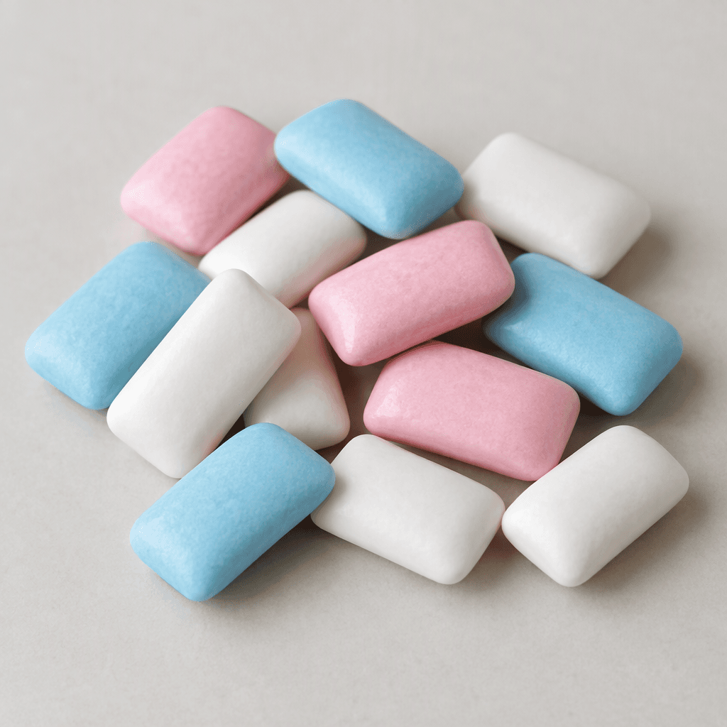 Several small, smooth, rectangular pieces of chewing gum in pale pink, white, and light blue, arranged loosely on a plain surface, with a soft, slightly matte appearance and clean rounded edges.