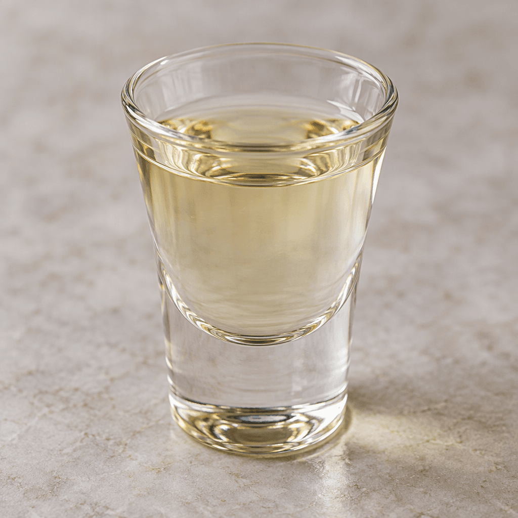 A small clear glass holds a transparent mastic liqueur with a faint straw-yellow tint and a glossy surface.