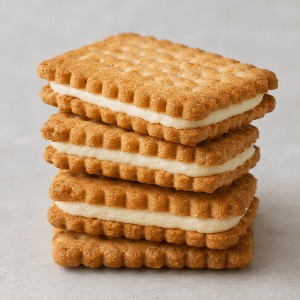 Small rectangular golden-brown biscuits with gently scalloped edges and a lightly embossed surface, layered around a visible pale cream filling and arranged in a simple stack.