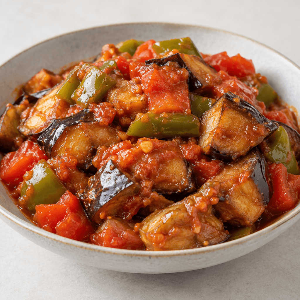 Chunks of fried eggplant, green peppers and tomatoes are piled in a shallow serving dish and coated in a glossy red tomato sauce, with soft edges and visible pieces of vegetable beneath the sauce.