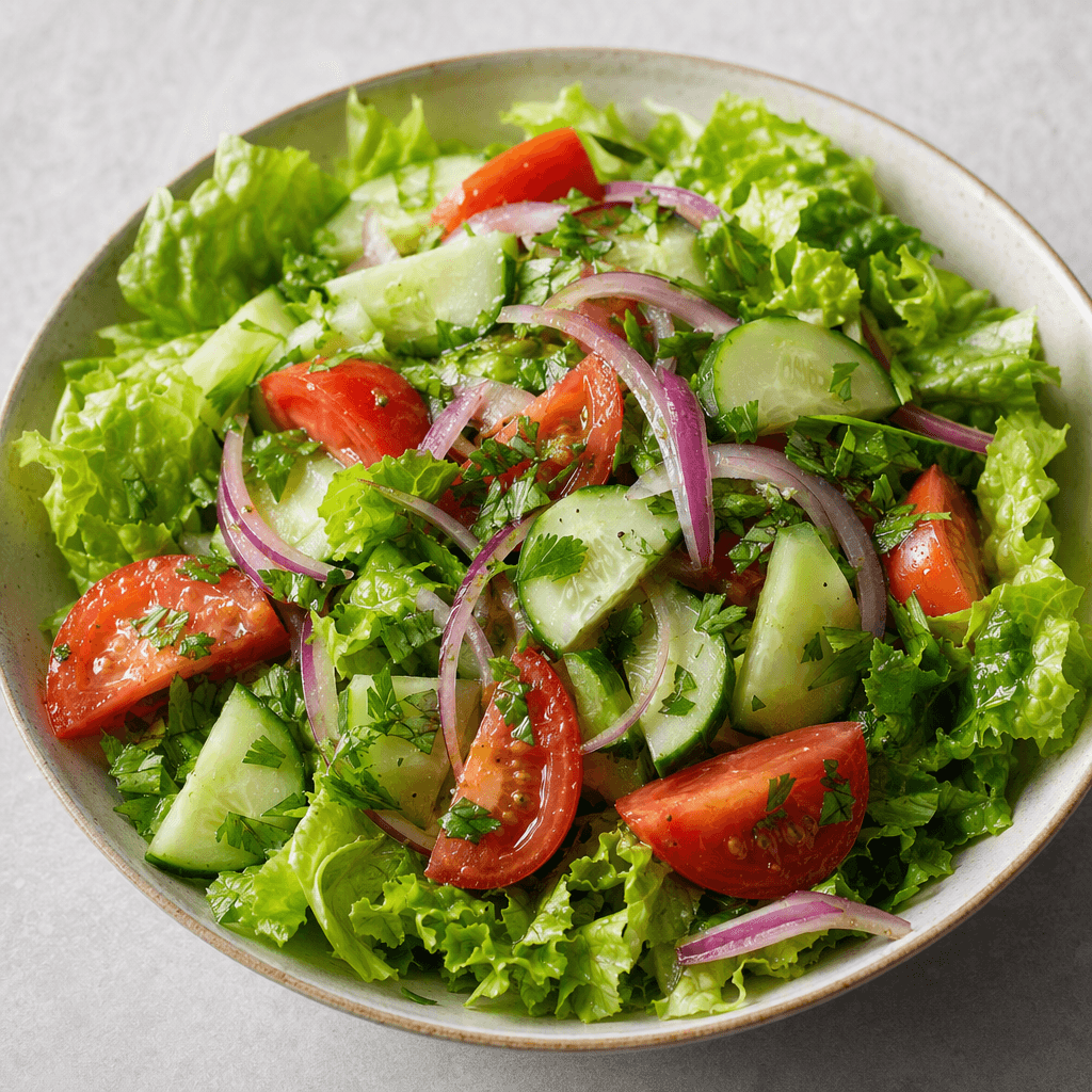 A shallow bowl holds a colorful salad of crisp green lettuce leaves, red tomato wedges, pale cucumber slices, thin purple onion strips, and bright green herbs, with the ingredients loosely layered and lightly glistening.
