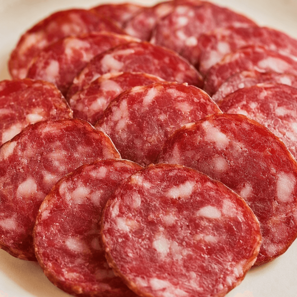 Thin, round slices of a compact cured sausage are arranged in overlapping layers, showing a deep reddish-pink surface dotted with small white flecks of fat and a darker outer edge.