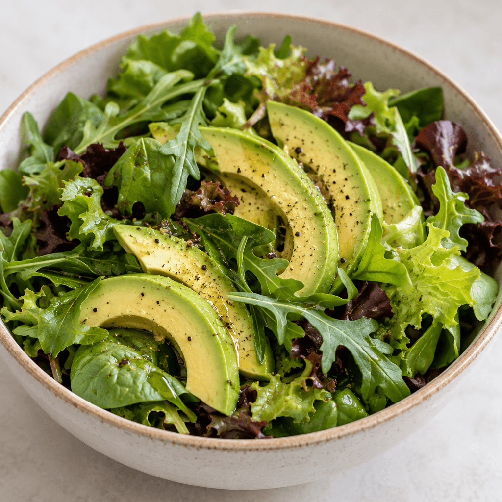 A salad of leafy greens topped with slices of creamy green avocado, with the leaves and avocado arranged together in a bowl.