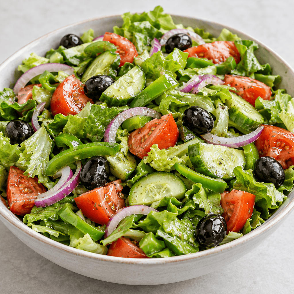 A large serving of mixed salad fills a wide bowl with crisp green lettuce, chopped red tomatoes, pale green cucumber slices, thin purple onion rings, bright green pepper pieces, and scattered black olives, lightly glistening with dressing.