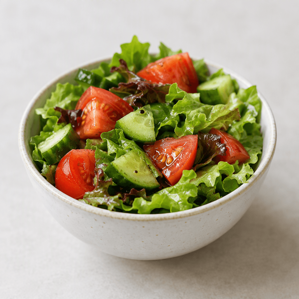 Küçük bir tabakta servis edilen, kırmızı domates ve yeşil salatalık parçalarıyla karışık, diri yapraklı yeşilliklerden oluşan az miktarda salata.