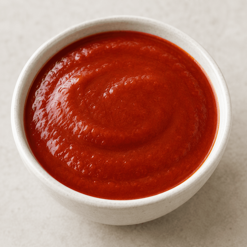 A thick, smooth, glossy deep-red tomato sauce fills a small bowl, with an even texture and no visible pieces or garnish.