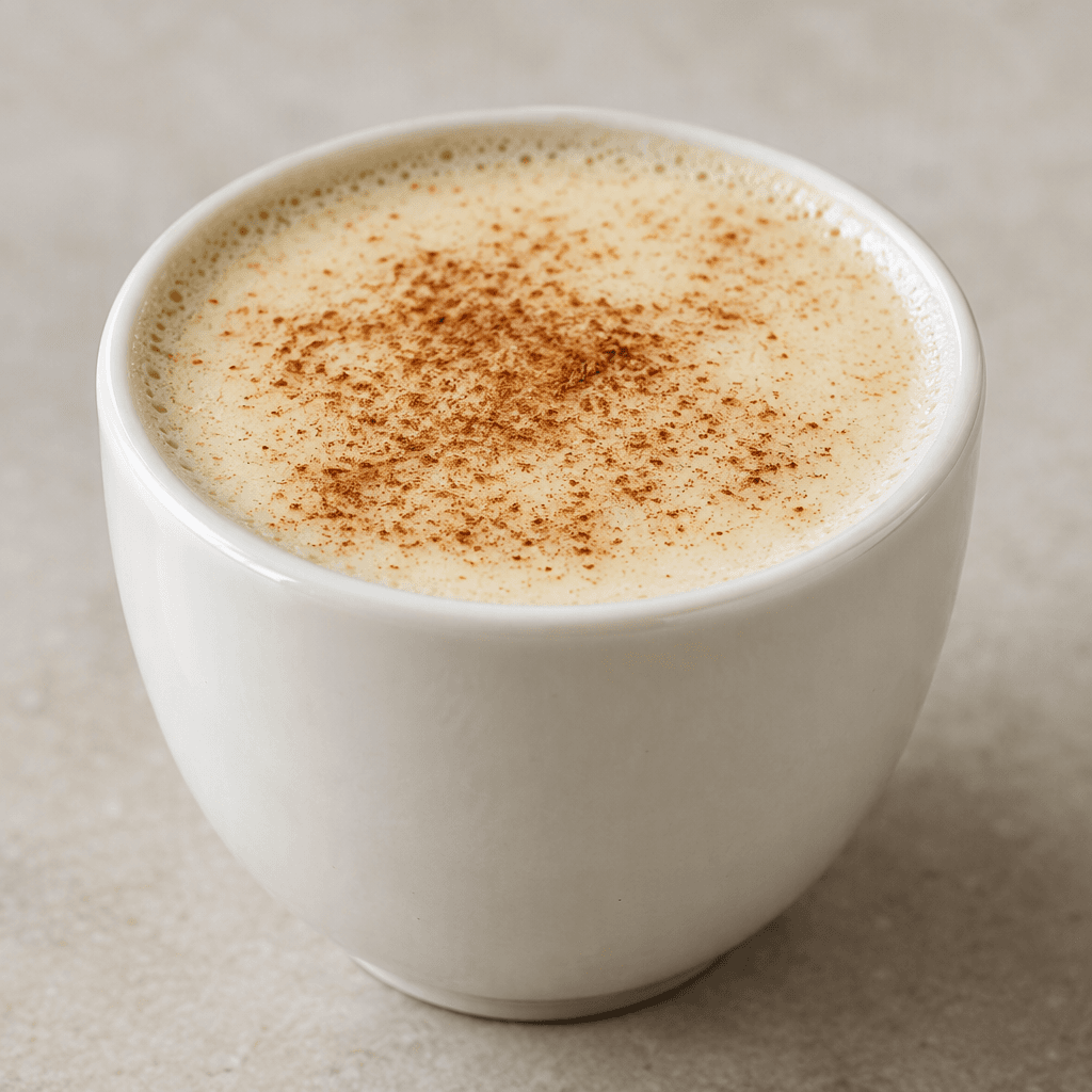 A thick, creamy ivory-colored drink fills a small porcelain cup, with a smooth glossy surface lightly dusted with cinnamon and a faint layer of foam around the rim.