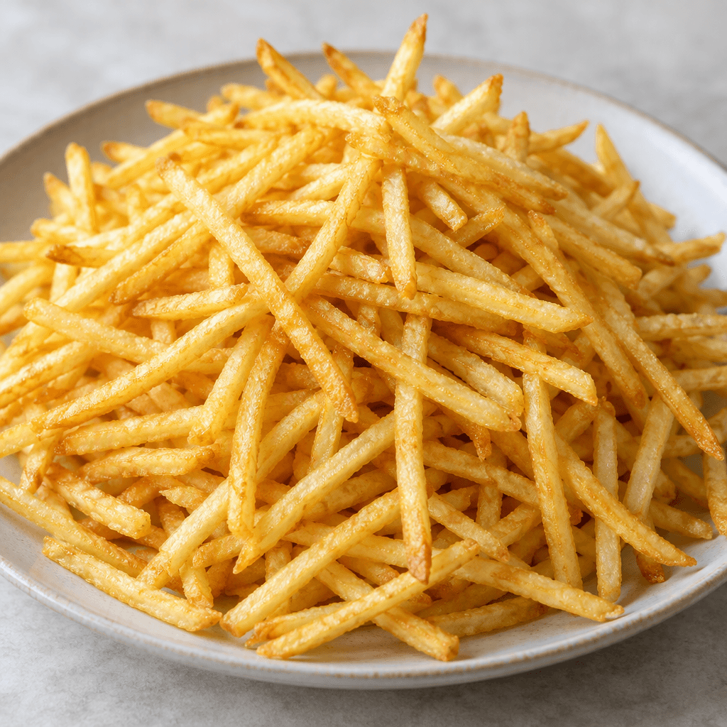 A pile of very thin, straight potato sticks with crisp-looking edges and an even golden-yellow surface, served loosely on a plate.