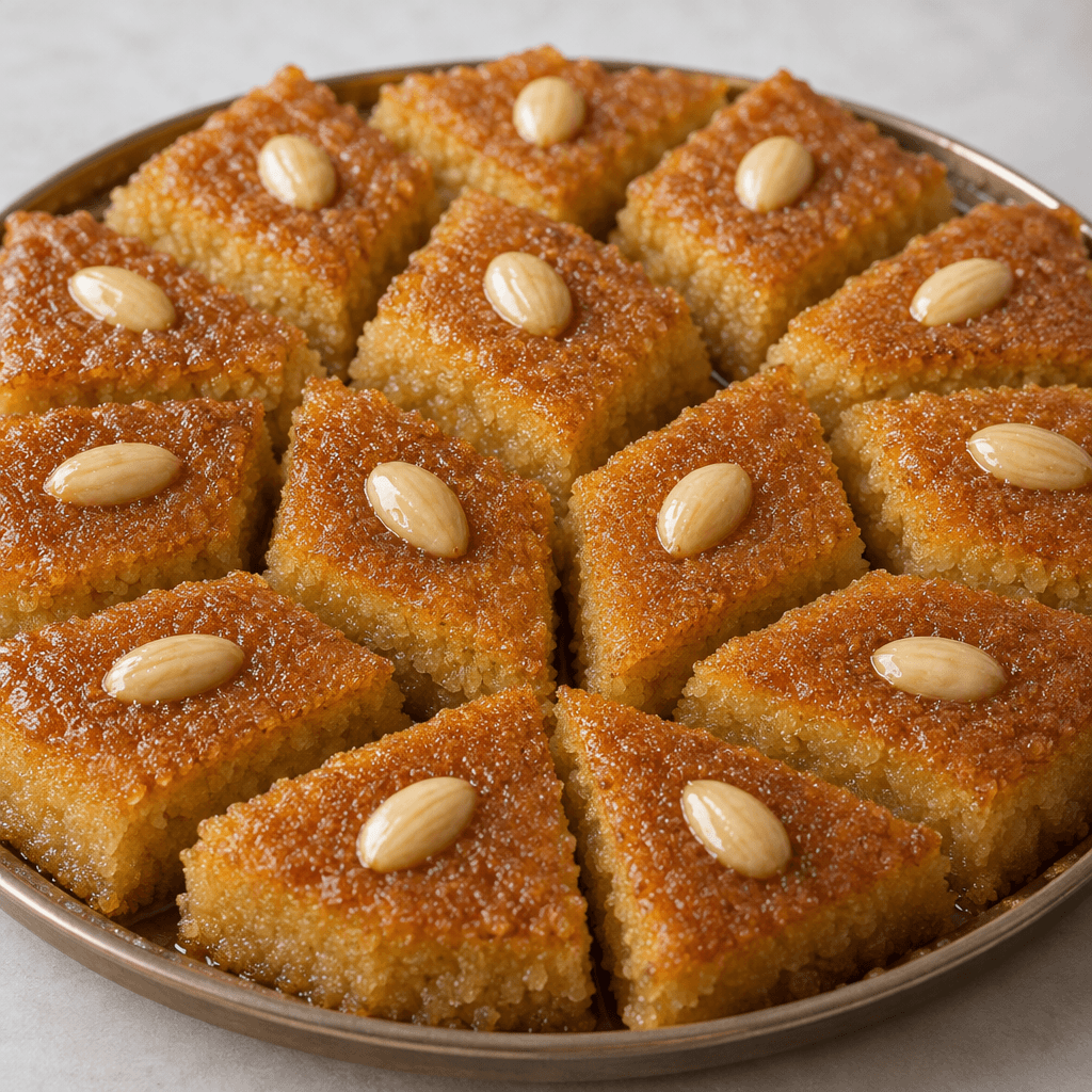 Dense, golden semolina cake cut into diamond-shaped pieces, with a glossy syrup-soaked surface and a single blanched peanut or almond pressed into the top of each piece, arranged closely on a serving tray.