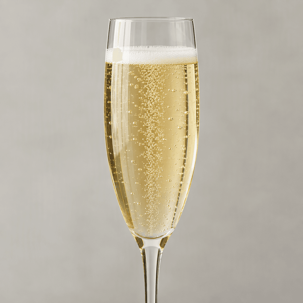 Pale straw-gold sparkling liquid in a slender clear flute, with a fine stream of tiny bubbles rising through it and a thin white foam at the surface.