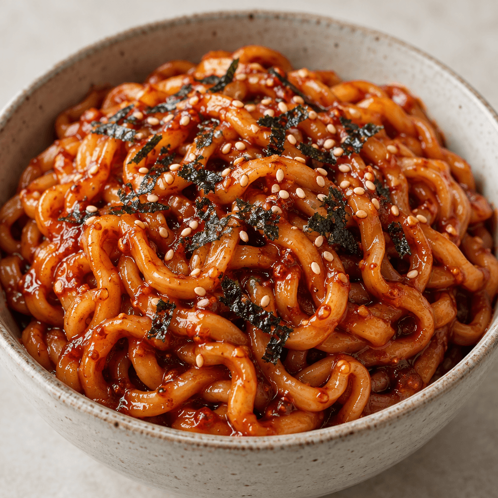 Thick, wavy noodles coated in glossy deep-red sauce sit in a bowl, with small pale sesame seeds and dark-green flakes scattered over the surface.