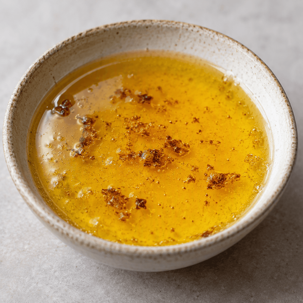 A shallow pool of glossy golden-yellow fat with a few small browned flecks, served in a simple dish.
