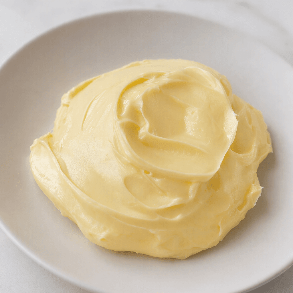 A smooth, soft, pale-yellow spread with a faint sheen, sitting in a small rounded mound on a plain dish.
