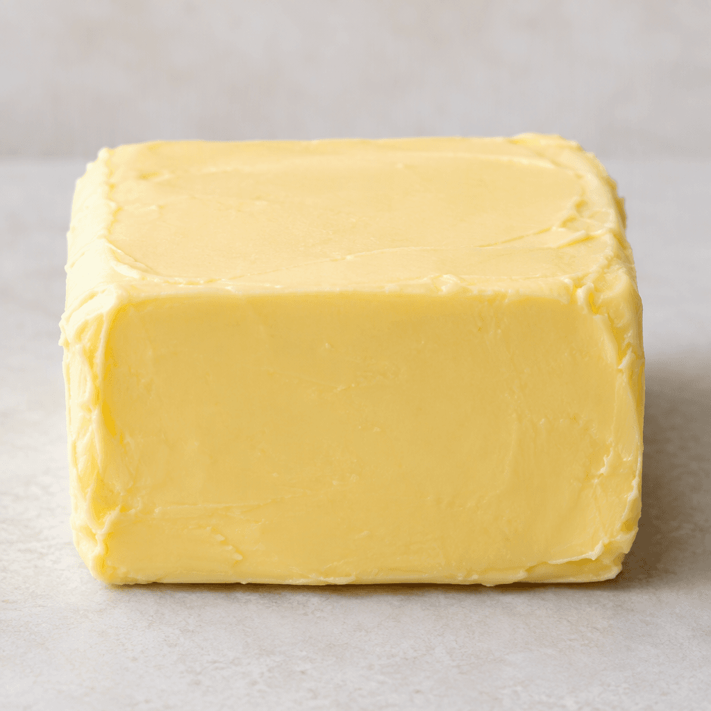 A smooth, pale-yellow block of margarine with a firm shape and a slightly creamy surface.