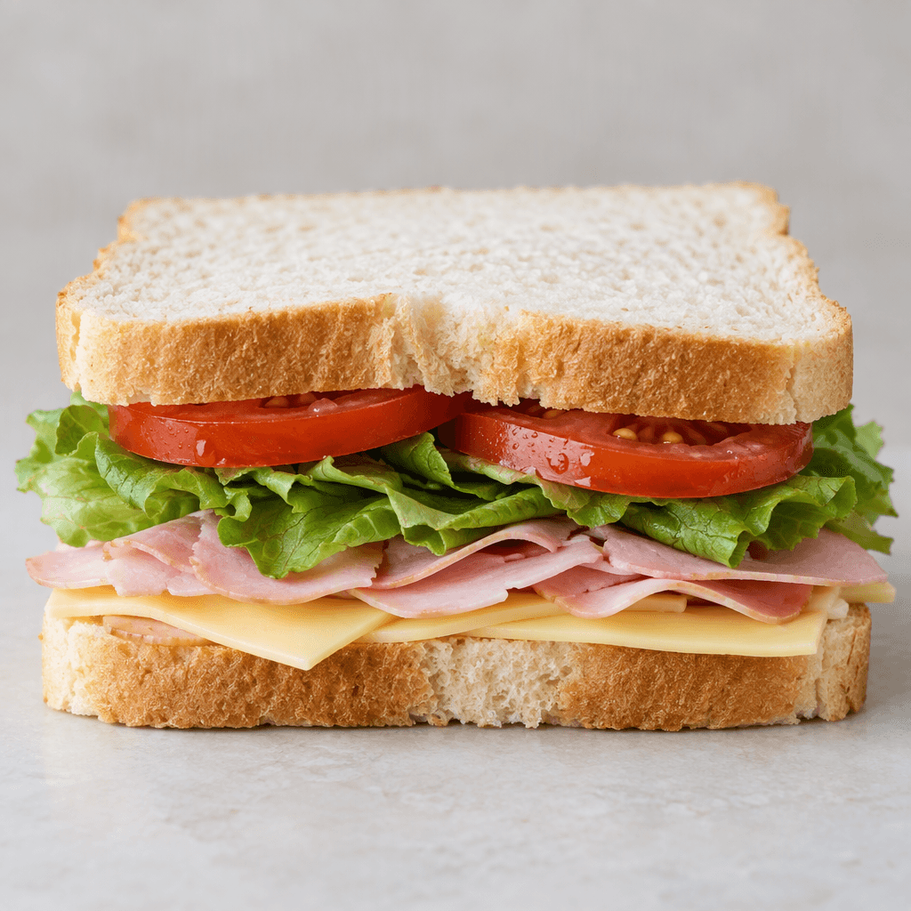 A rectangular sandwich made with two slices of soft white bread, layered with pale yellow sliced cheese, thin pink deli meat, green lettuce, and red tomato, with the fillings visible between the slightly uneven bread edges.