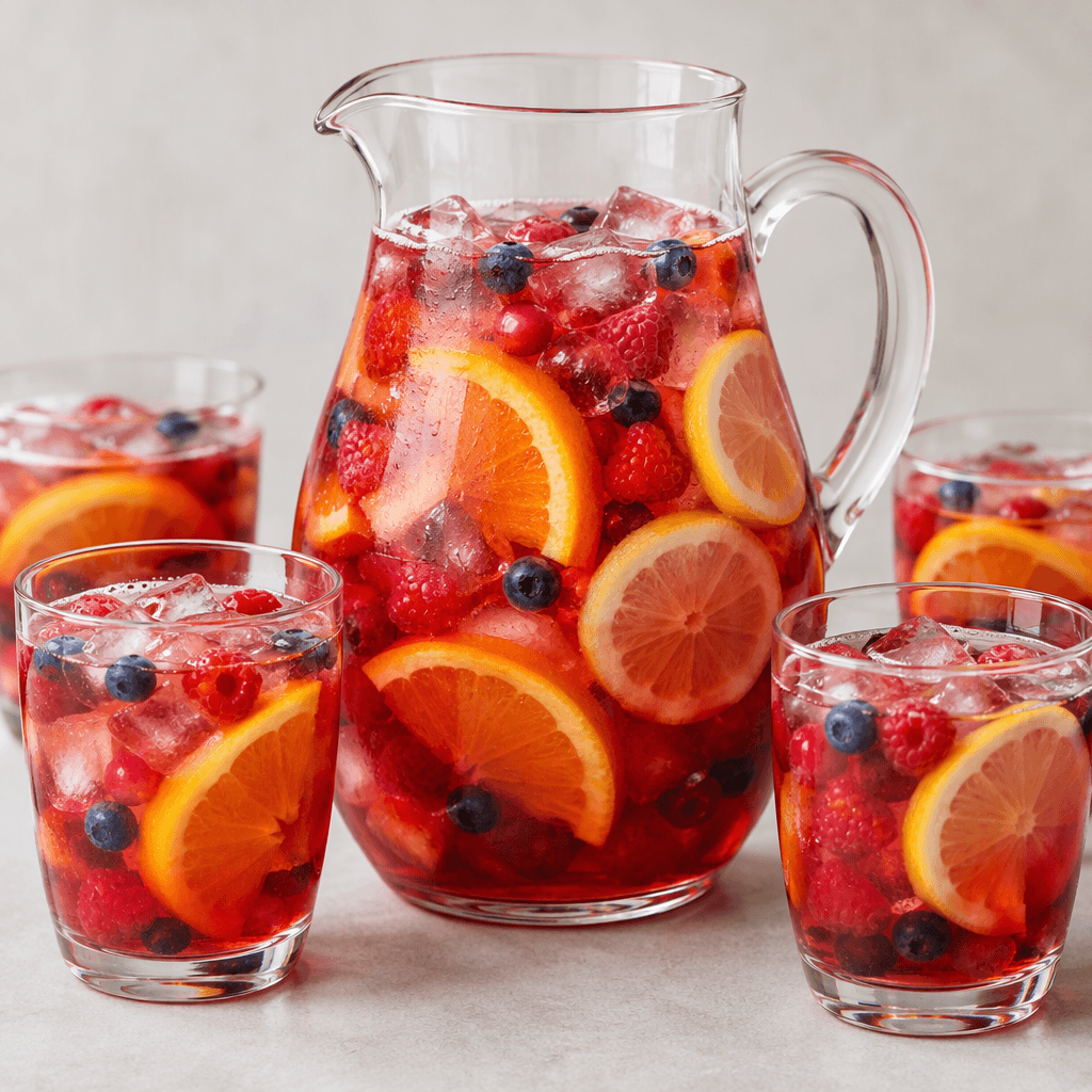 A ruby-red, translucent fruit punch fills a clear glass pitcher, with visible orange and lemon slices, small berries, and ice cubes suspended in the liquid, while matching glasses show the same drink.