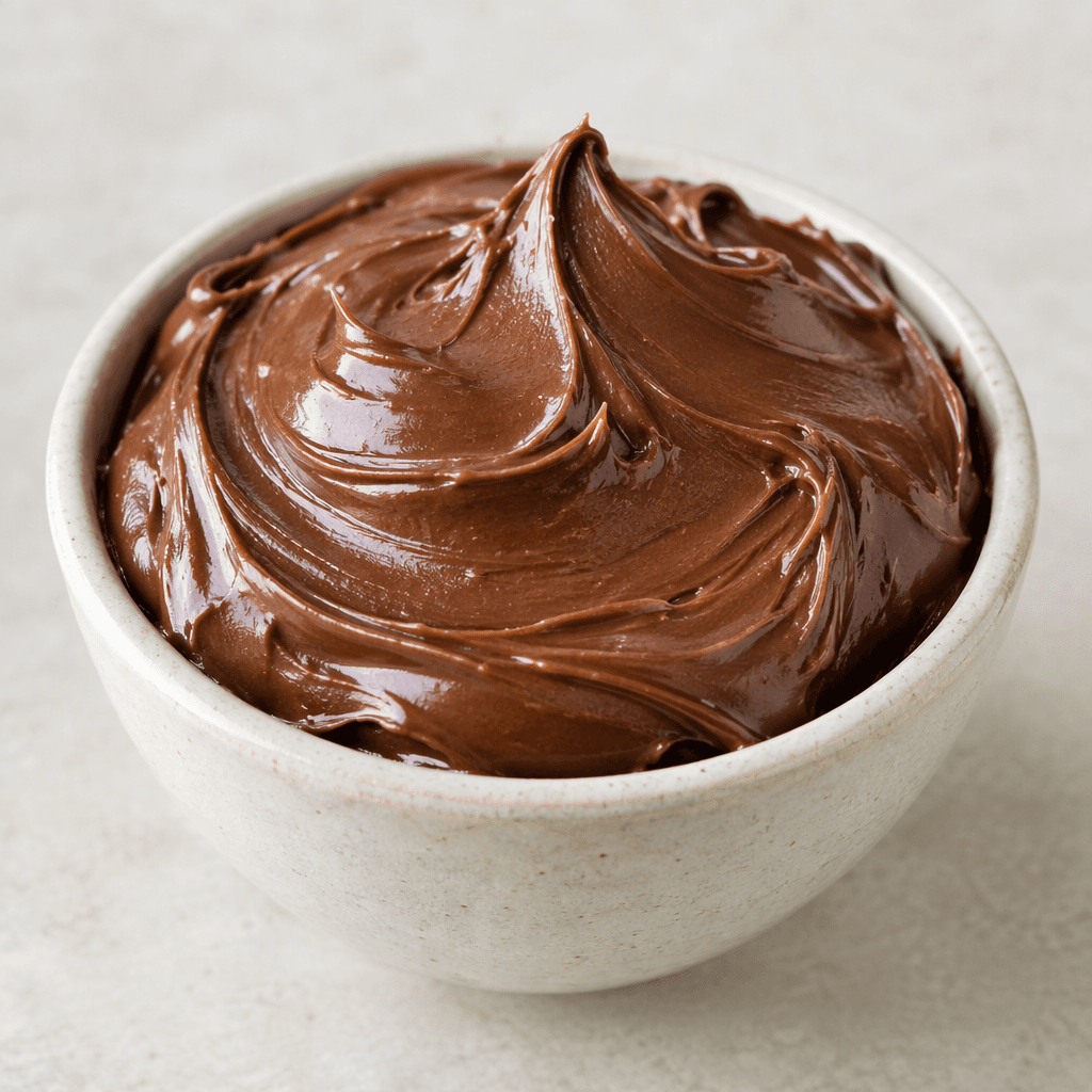 A thick, smooth, glossy dark-brown hazelnut-and-cocoa spread, mounded in a small dish with a soft, creamy surface.