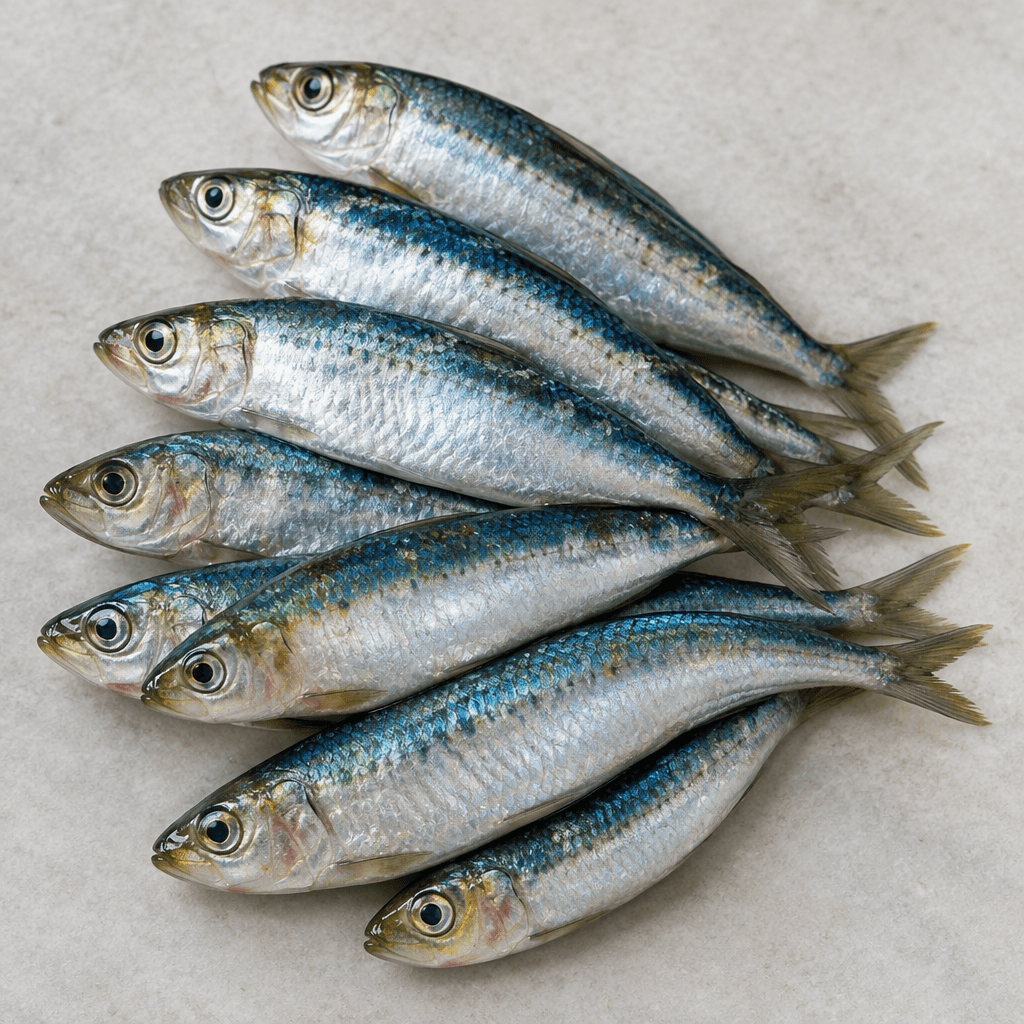 Several small whole sardines with elongated, slim bodies, shimmering silver sides, blue-green backs, pointed heads, visible round eyes, and forked tails arranged together.