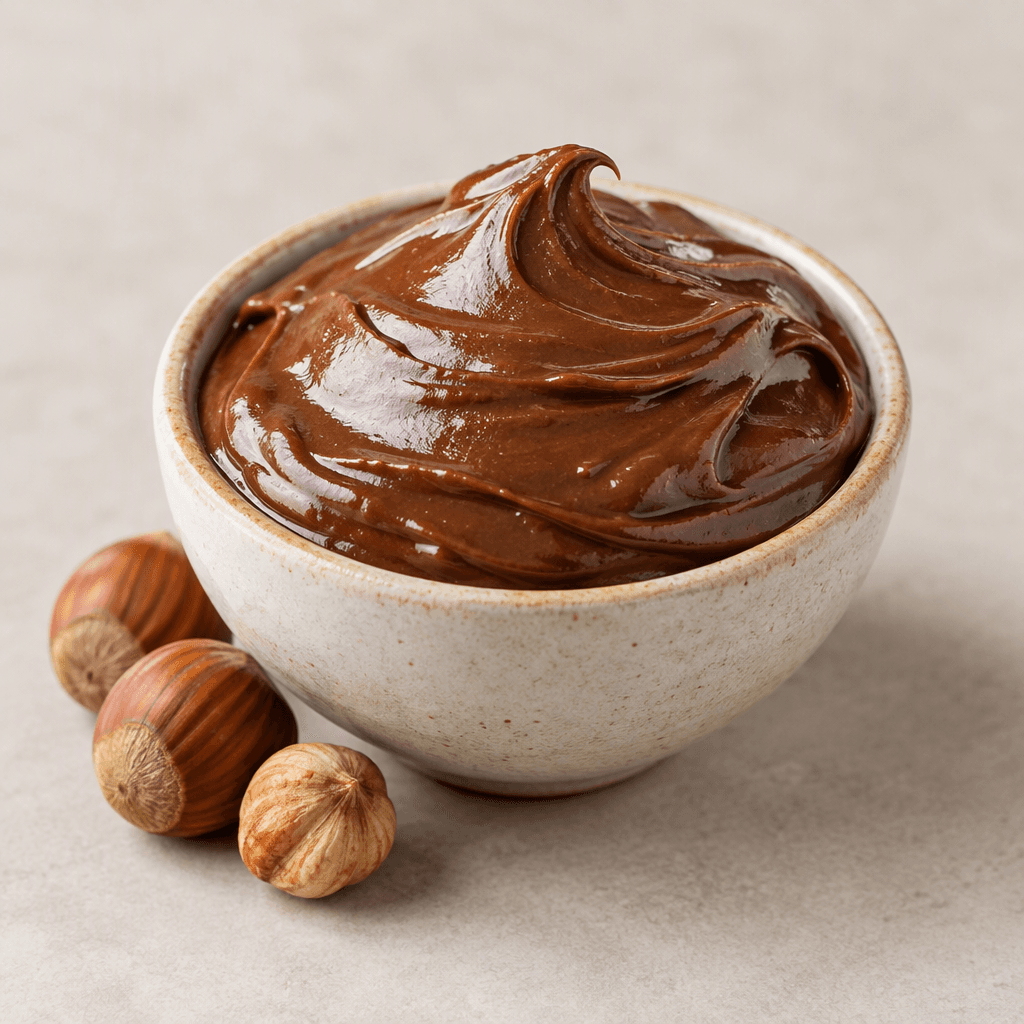 A glossy, thick, smooth chocolate-hazelnut spread in a small bowl, deep brown in colour with a softly mounded surface and a few whole hazelnuts arranged beside it.