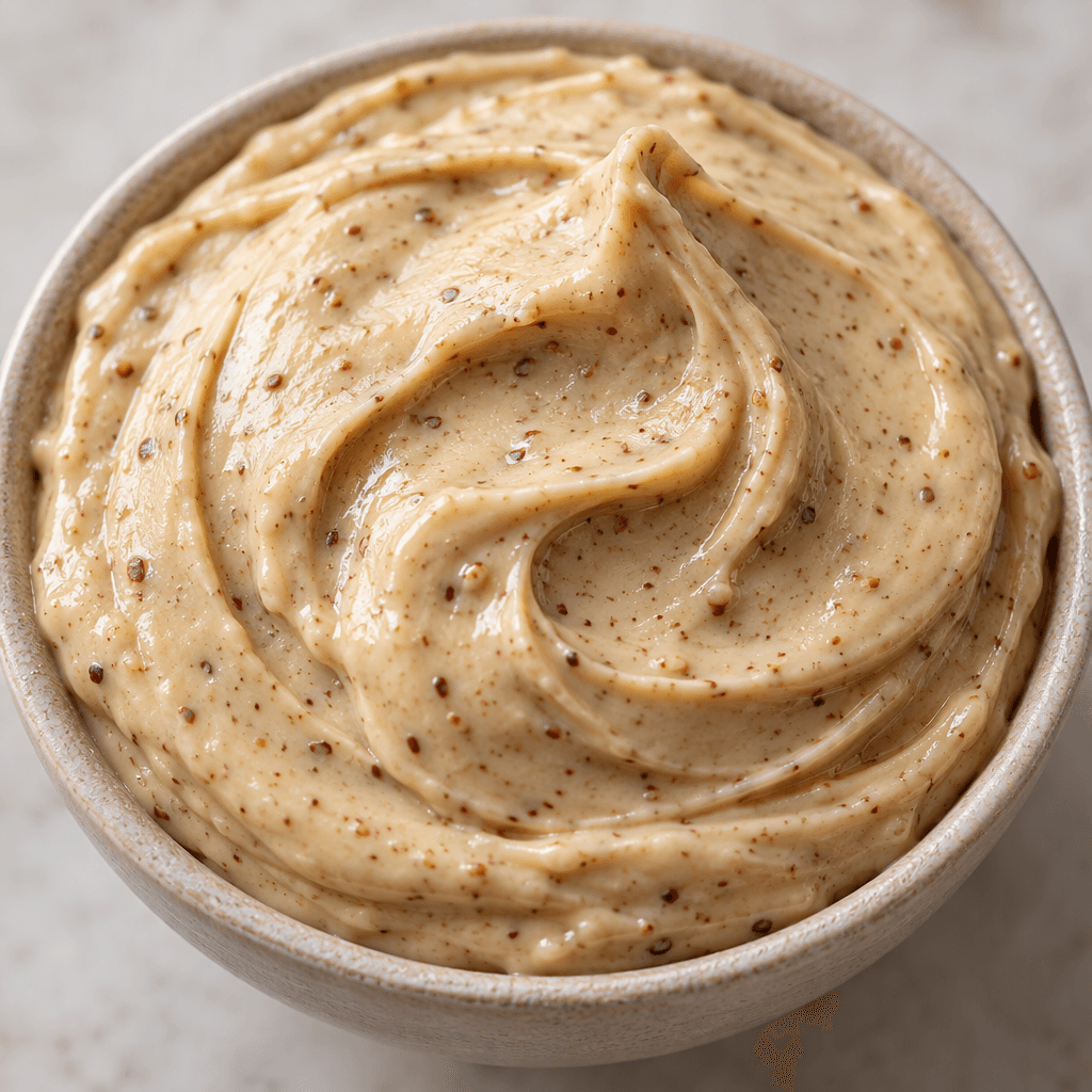 A thick, smooth, pale ivory spread with a soft gloss and fine brown hazelnut flecks, gathered in rounded swirls.