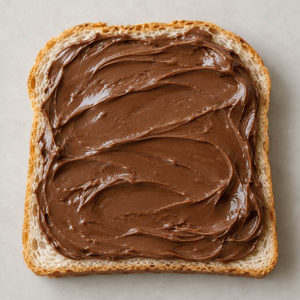 A thick, glossy, medium-brown chocolate-and-hazelnut spread is smoothed in an even layer over a slice of pale bread, with soft ridges and swirls visible across its surface.