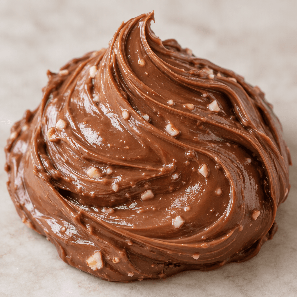 A smooth, glossy, medium-brown hazelnut spread sits in a soft mound, with creamy swirls and a few pale hazelnut flecks visible on its surface.