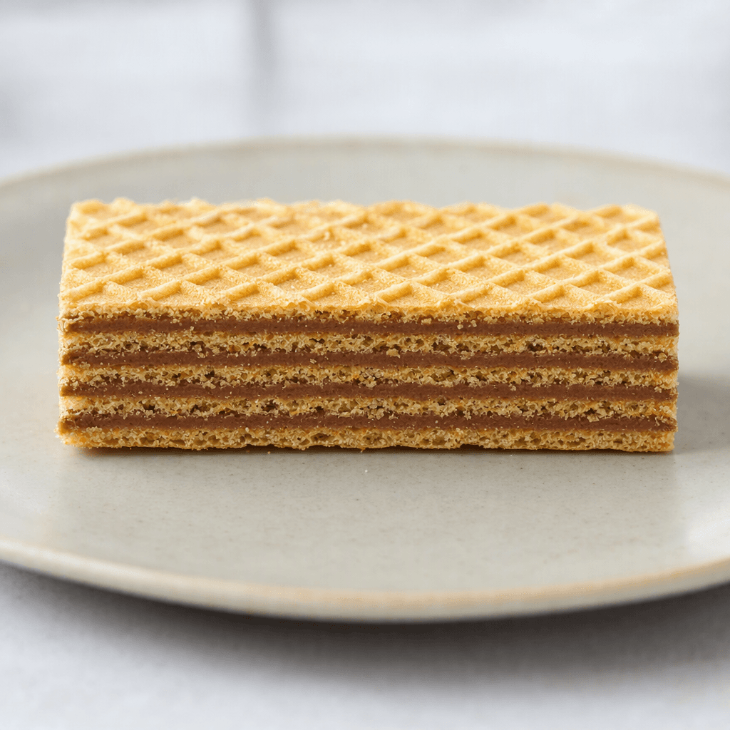 A rectangular wafer bar with crisp, pale golden layers and dark hazelnut-coloured cream visible between them, resting on a plain plate.