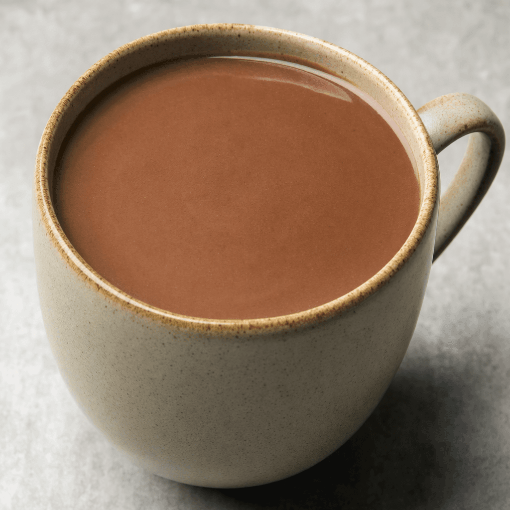An opaque, smooth chocolate-brown drink fills a cup, with a gently glossy surface.