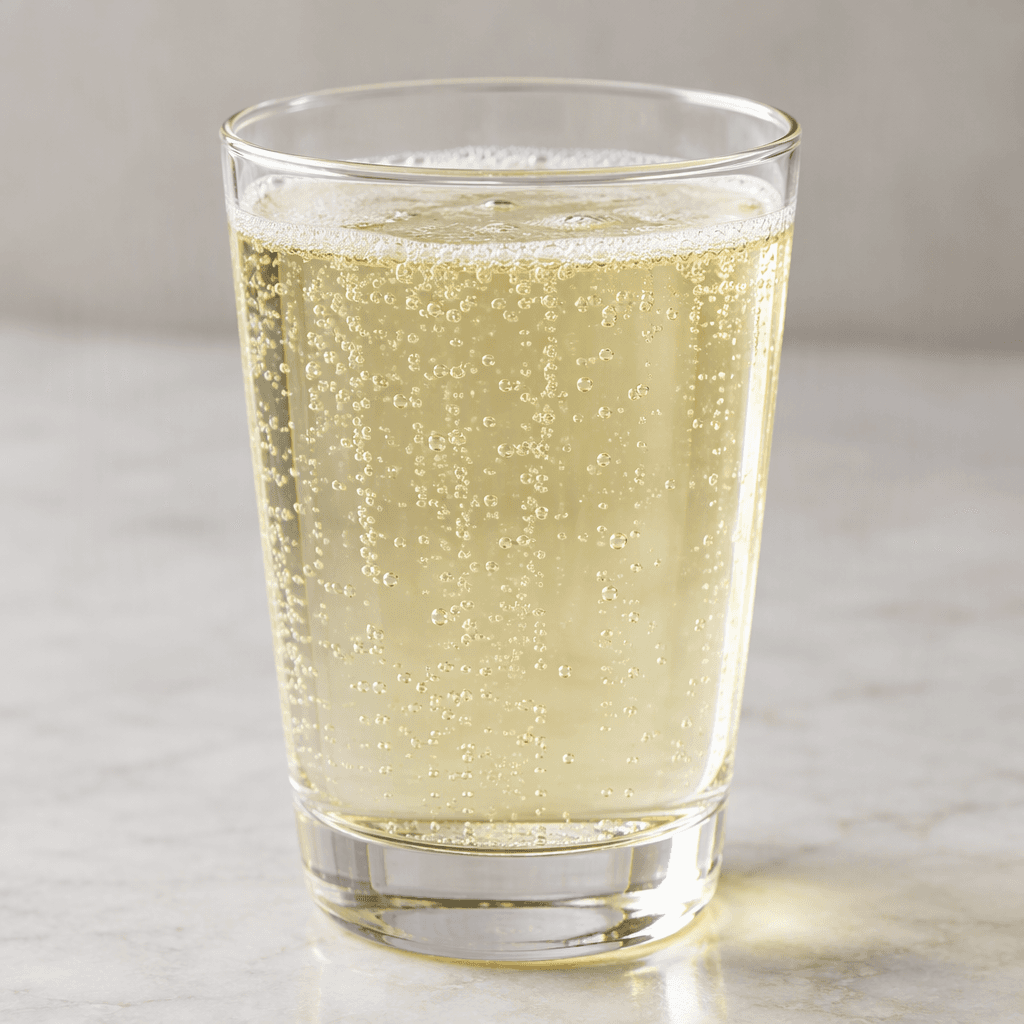 A nearly clear, faintly straw-yellow fizzy drink in a glass, with fine bubbles rising through it and a light fizz at the surface.