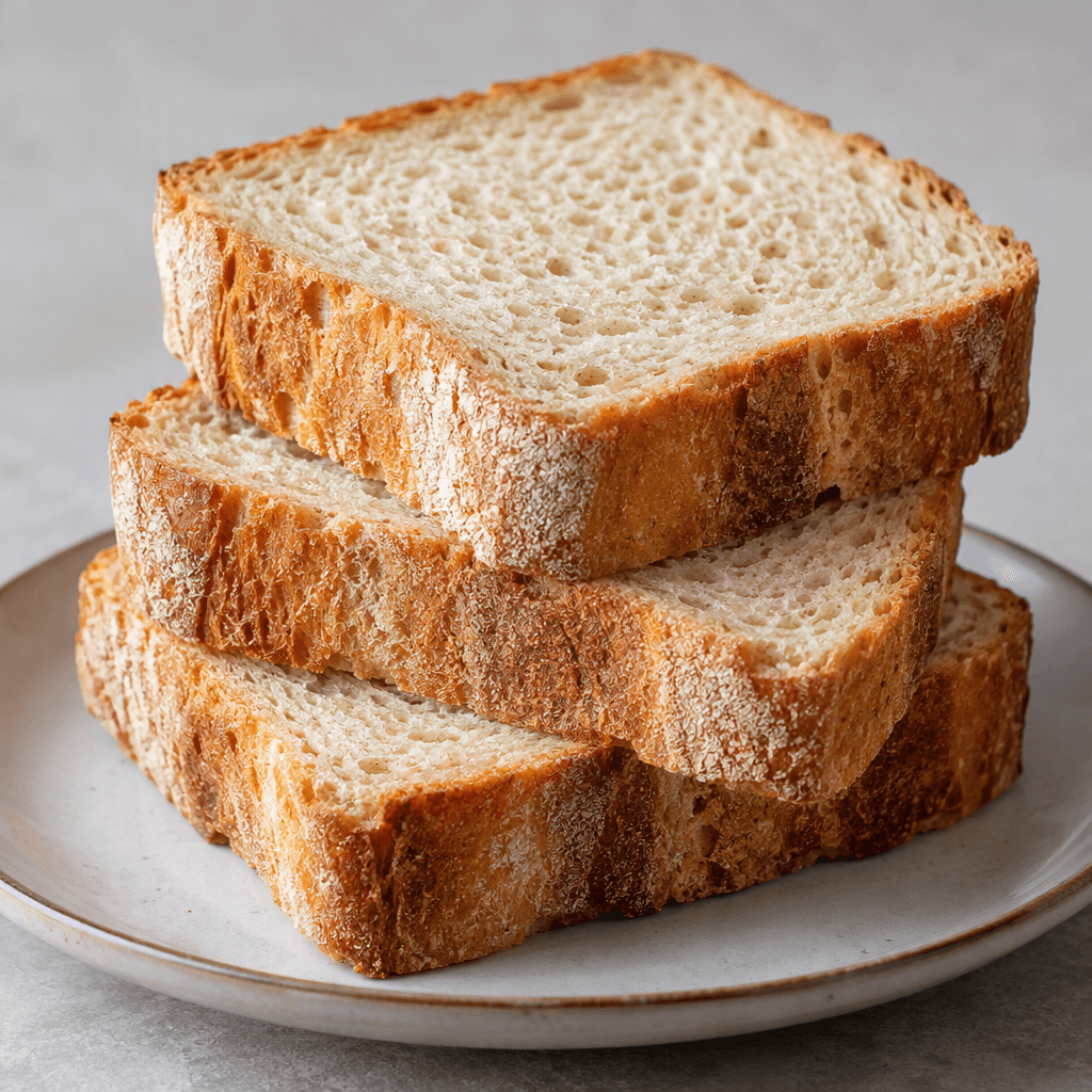 Several thick, rectangular slices of bread with a lightly browned crust and a pale beige interior showing a fine, slightly porous crumb are stacked on a plate.