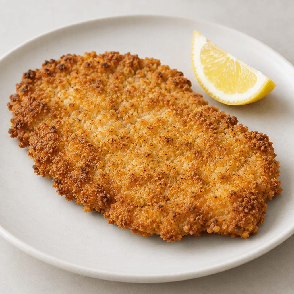 A thin, broad, oval piece of boneless meat covered in a coarse, uneven golden-brown breadcrumb crust, with slightly irregular edges and a crisp-looking surface, served on a plain plate with a lemon wedge beside it.