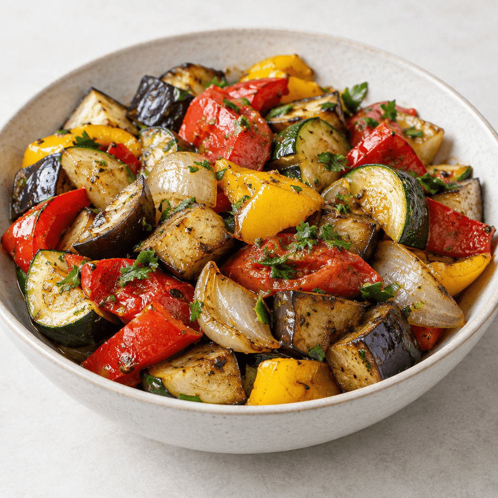 Chunks of zucchini, eggplant, red and yellow bell peppers, tomato, and onion are arranged in a shallow serving dish, their surfaces softened and lightly browned with glossy edges and scattered green herbs.