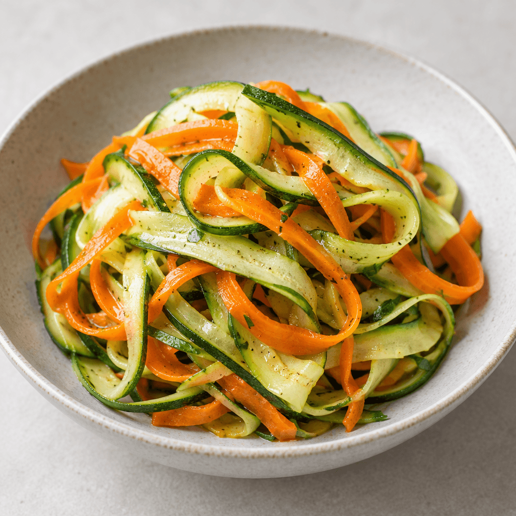 Thin, ribbon-like strands of pale green zucchini and orange carrot are loosely tangled into a small mound in a shallow bowl, with a glossy surface and scattered vegetable strips visible throughout.