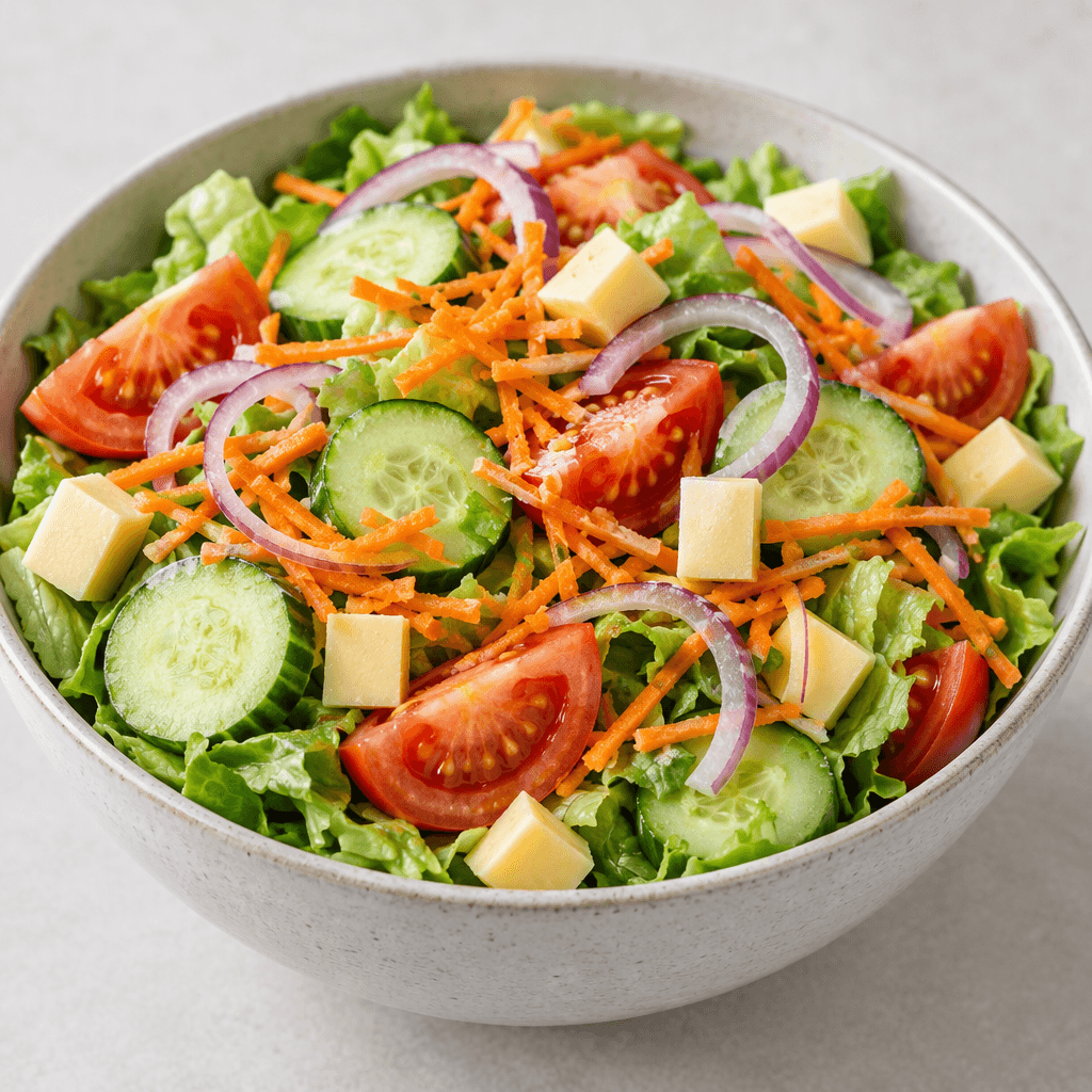 A large bowl of crisp chopped lettuce topped with thick cucumber slices, red tomato wedges, shredded orange carrot, thin purple onion rings, and pale yellow cheese cubes, with the colorful ingredients arranged visibly over the leafy greens.