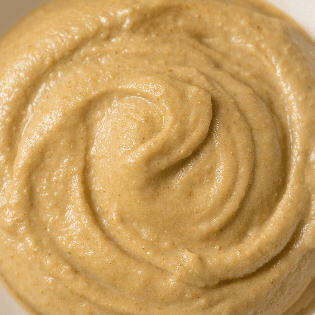 A thick, smooth, pale beige sesame paste with a subtle oily sheen, gathered in a soft swirl.