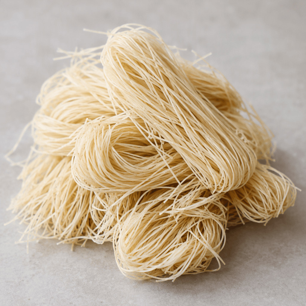 Very thin, smooth, short strands in a pale ivory colour, gathered in loose, delicate bundles with a dry, slightly brittle texture.