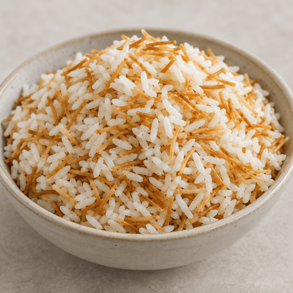 A mound of fluffy white rice mixed with thin, short golden-brown vermicelli strands, served in a shallow bowl with the separate grains and toasted strands clearly visible.