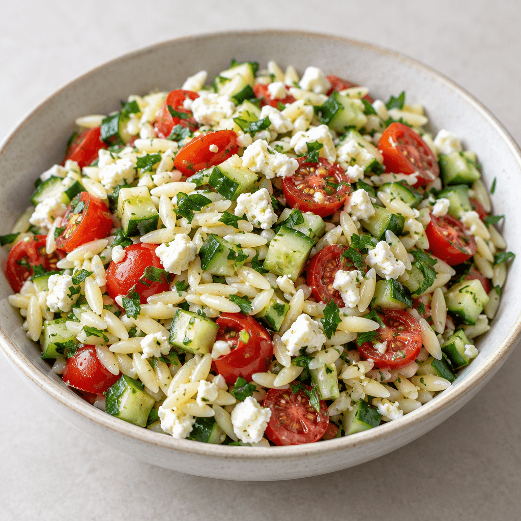 A colorful salad of small rice-shaped pasta mixed with diced cucumber, halved cherry tomatoes, finely chopped parsley, and crumbled white cheese, served in a shallow bowl with the ingredients visibly distinct across the glossy, lightly dressed mixture.