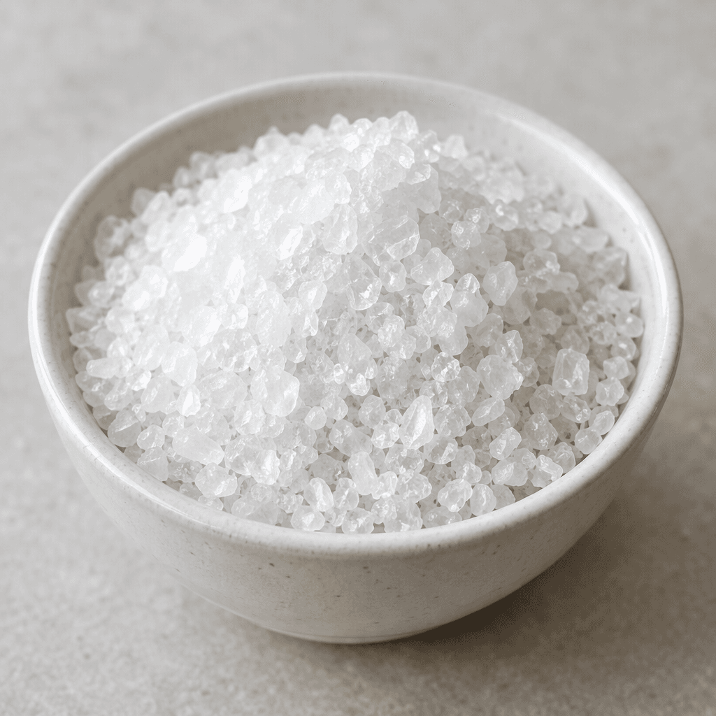 Small white, slightly translucent crystalline granules form a loose mound in a simple bowl, with individual angular grains visible across the surface.