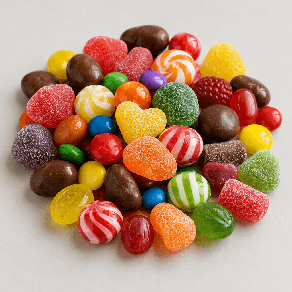 An assortment of small, brightly coloured candies in varied shapes, including glossy hard sweets, soft sugar-coated pieces and smooth chocolate-like bites, arranged loosely on a plain serving surface.
