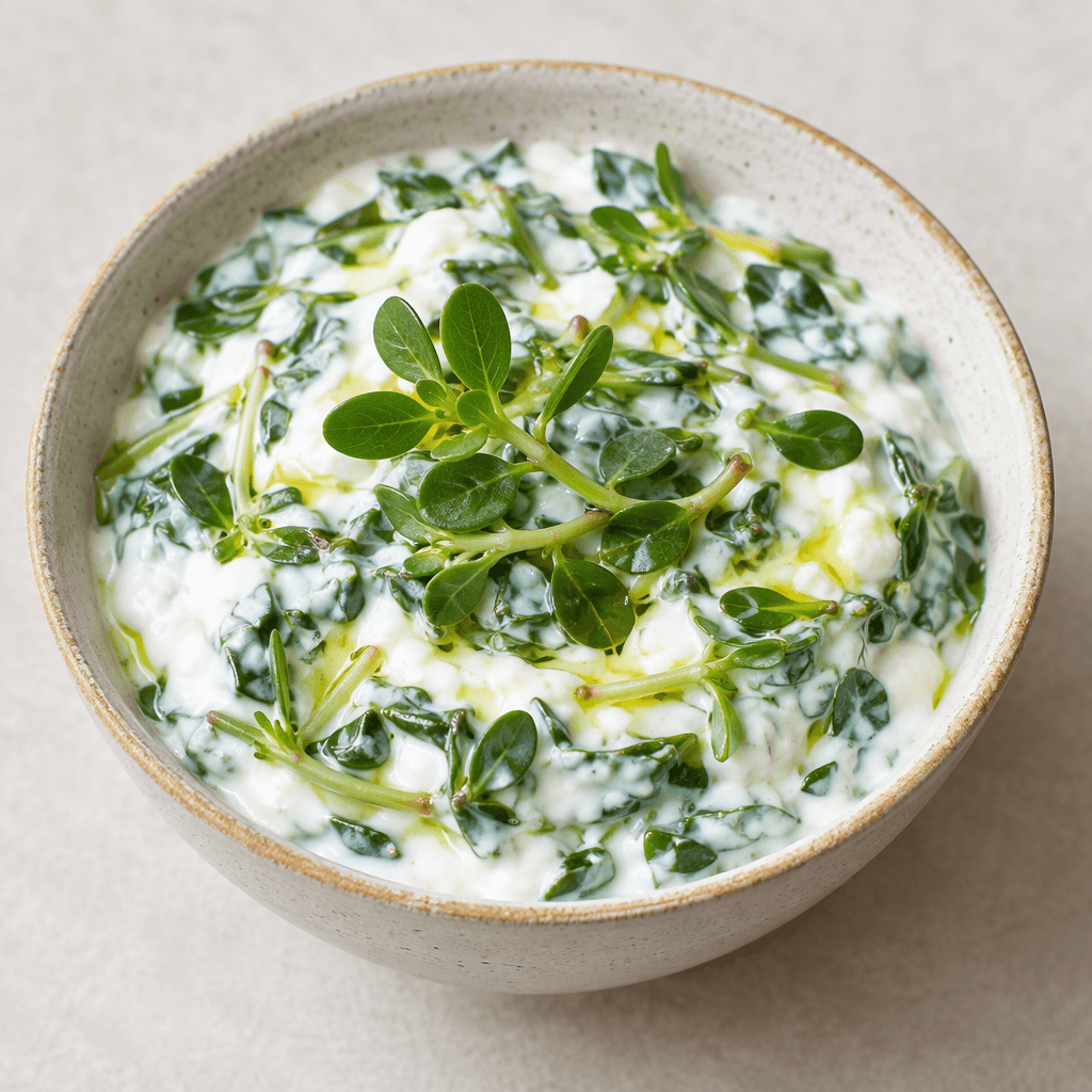 A bowl of thick white yogurt mixed with tender green purslane leaves and thin stems, with a few bright green sprigs and a light sheen of olive oil visible on the surface.