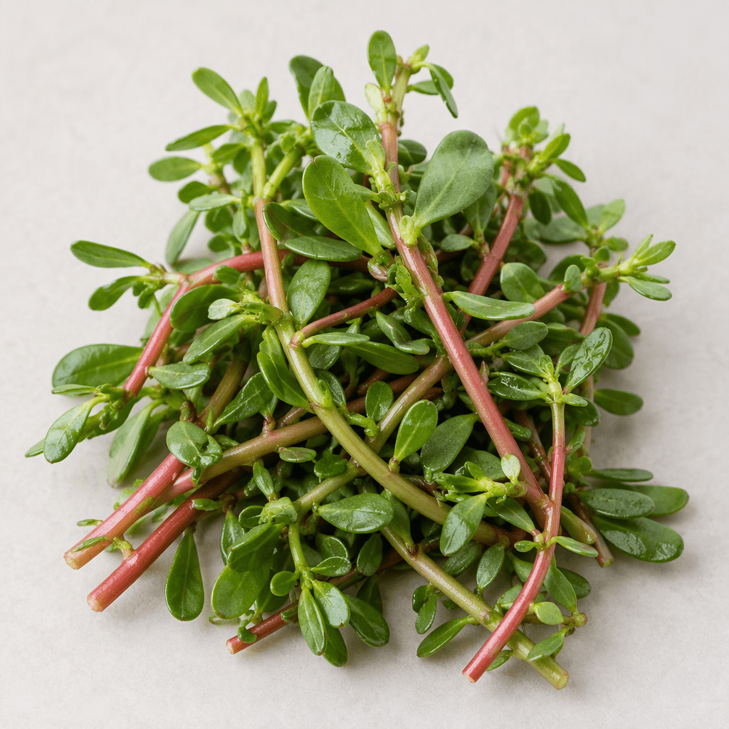 Slender, branching purslane stems lie in a loose green cluster, their smooth, fleshy stalks ranging from pale green to reddish pink with small, plump oval leaves along them.