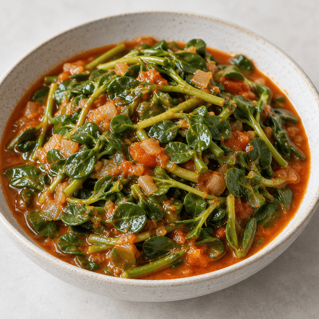 Tender green purslane leaves and thin stems sit in a shallow bowl of glossy red-orange tomato sauce, with small translucent onion pieces visible throughout.